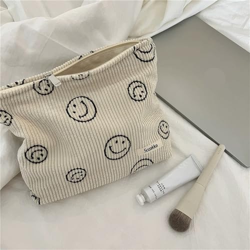 Cosmetic Bags for Women - Corduroy Cosmetic Bag Aesthetic Women Handbags Purses Smile Dots Makeup Organizer Storage Makeup Bag Girls Case Bags (A-Beige)