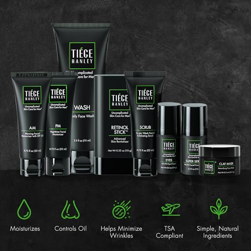 Tiege Hanley Skin Care Set for Men, Rejuvenation Routine, System Level 5, Face Wash, Scrub, Moisturizers, Eye Cream, Serum, Clay Mask, & Retinol Stick for Healthy Skin, Men¡¯s Skin Care, 8 Piece Kit