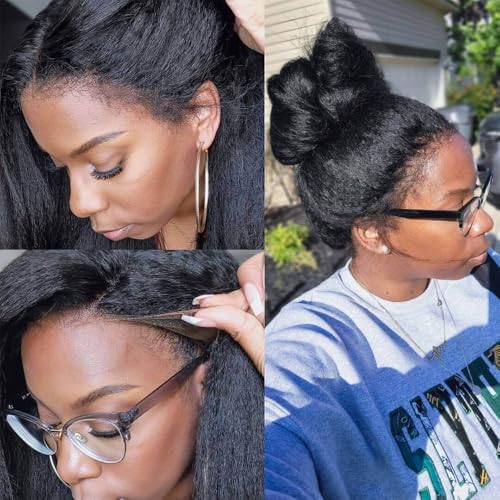 360 Lace Front Wigs Human Hair Pre Plucked Bleached Knots 180% Density Kinky Straight Human Hair Wig with 4C Curly Edges Hairline 360 HD Full Lace Frontal Wig Human Hair (20inches)
