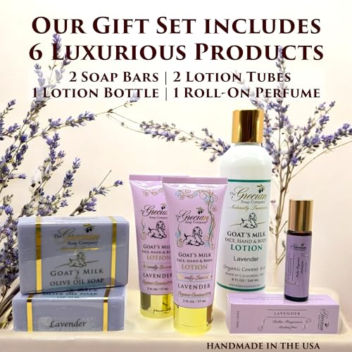 The Grecian Soap Company Self Care Gifts for Women, 6pcs Goat Milk & Olive Oil Skin Care Set, Relaxing Gift Basket, Bridal Shower Gifts, Birthday Gifts, Gifts for Mom, Lavender Scent, Handmade in USA