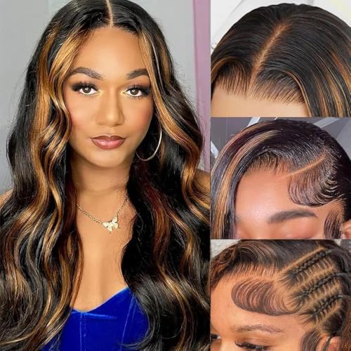 32Inch 13x6 Highlight Body Wave Lace Front Wig Human Hair Pre Plucked 180% Density 1B/30 Ombre Frontal Wigs Brazilian Virgin Human Hair Wigs for Women Pre Plucked with Baby Hair