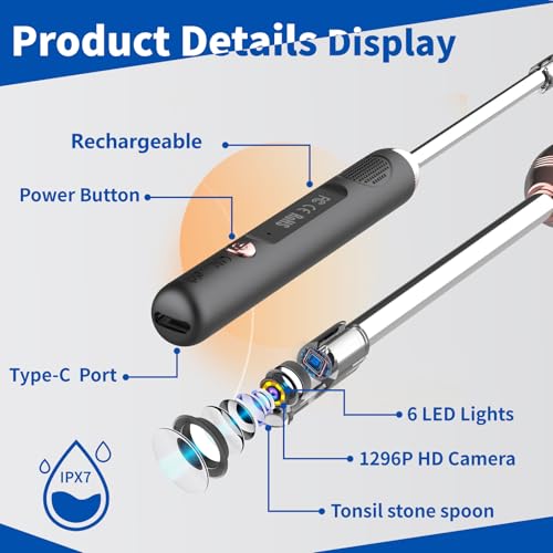 Tonsil Stone Remover with Camera£¬Tonsil Stone Removal Tool with LED Light£¬TonsilCleaner for Tonsil Stone Removal£¬Tonsillolith Removal Tool with 4 Head £¬Attachments for iOS & Android (Black and Gold)