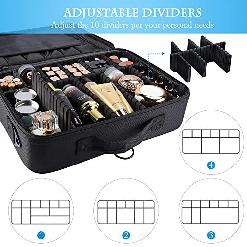 JOURMON Travel Makeup Case Portable Makeup Train Case Organizer Cosmetic Bag with Adjustable Dividers and Shoulder Strap for Makeup Brushes Toiletry Travel Accessories(Pure Black, L)