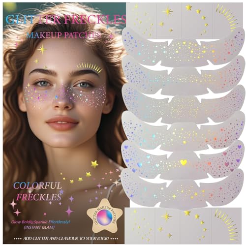 Freckles Face Tattoo, All-in-One Holographic & Gold Glitter, Waterproof and Sweatproof Sparkle Speckles Patches, Festival Cute Star Temporary Tattoo (Holographic&Gold)