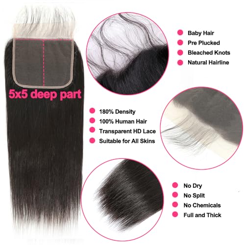 12A Straight Bundles Human Hair with 5x5 Closure 22 24 26+20 Inch Brazilian Human Hair Weave Bundles with 5x5 HD Lace Closure 100% Unprocessed Virgin Hair Extensions
