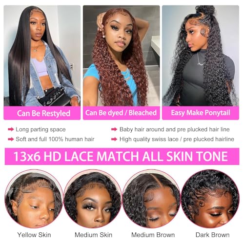 Water Wave Lace Front Wigs Human Hair Pre Plucked Bleached Knots Wet and Wavy 13x6 HD Lace Frontal Wigs for Black Women 200% Density Brazilian Remy Human Hair (Water Wave Wig, 30 Inch)