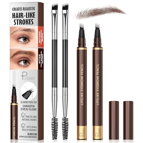 2 Pack 4-Tip Microblading Eyebrow Pen with 2 Brow Brushes, Waterproof Vegan Formula Eyebrow Pencils for Women to Effortlessly Create Natural Hair-Like Strokes, All-Day Wear (Dark Brown)