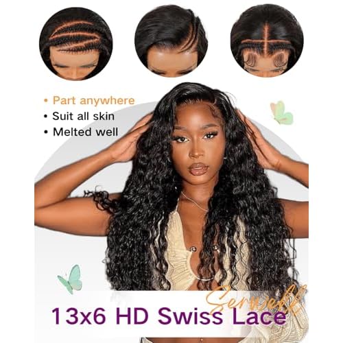 28 Inch Water Wave Lace Front Wigs Human Hair Wet and Wavy 13x6 HD Lace Front Wigs Human Hair Pre Plucked 200 Density Glueless Deep Wave Lace Front Wigs for Blak Women Full and Thick