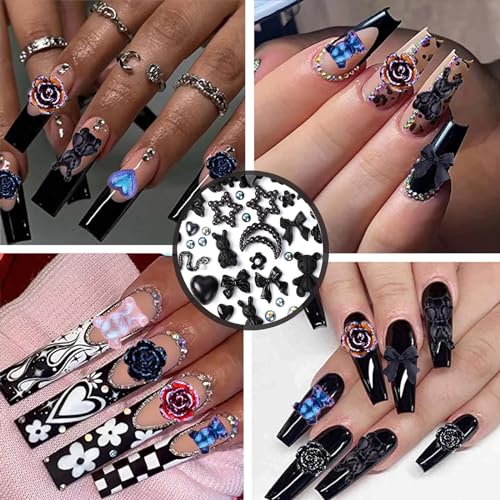 110 Pieces 3D Nail Charms for Acrylic Nails, Camellia Rose Flower Butterfly Bowknot Heart Bear Rabbit Star Charms for Nail Art Designs DIY Accessories Craft(Black+2)