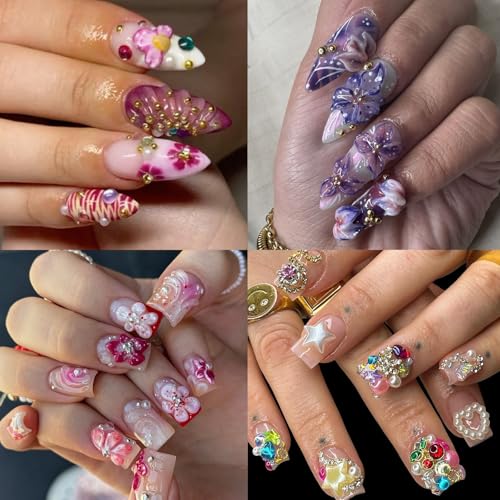 Nail Charms, Multi Shape Nail Rhinestones Kit 3D Multi Shape Nail Gems Colorful Butterfly Flowers Nail Crystals Flat Back Nail Pearls for Nail Art Supplies DIY Accessories 6 Boxes