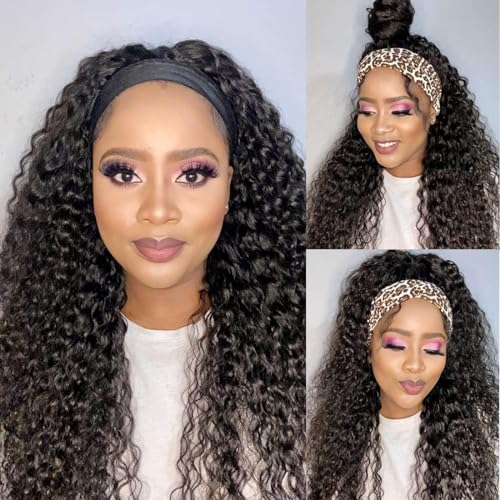 Long Human Hair Headband Wig Curly Headband Wig Deep Wave Wear and Go Glueless None Lace Human Hair Wigs Natural Color(28 inches)