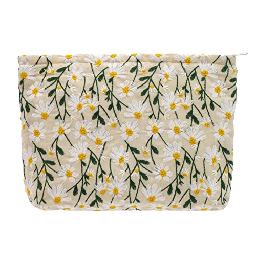 Makeup Bags for Purse Zipper Cosmetic Pouch Large Travel Canvas Make Up Organizer Tool Pouch for Women and Girls,Daisy White