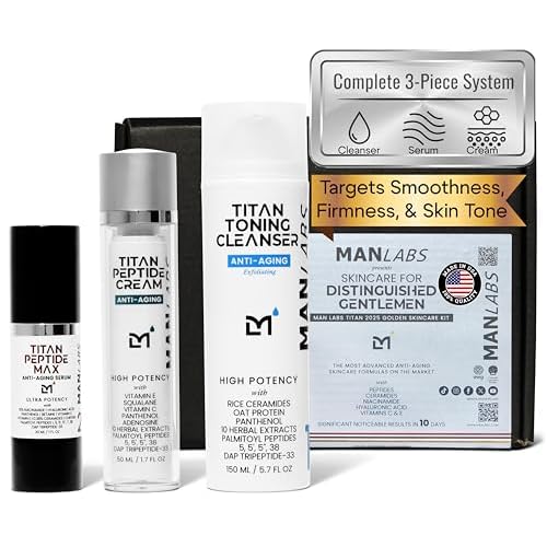 Titan 3-Piece Anti-Aging Mens Skin Care Kit ? Wash, Face Serum, Mens Face Moisturizer ? Men, Skin Care Set ? Dark Spots, Wrinkles, Fine Lines ? Vitamin C, Peptides, Niacinamide, HA ?Unscented