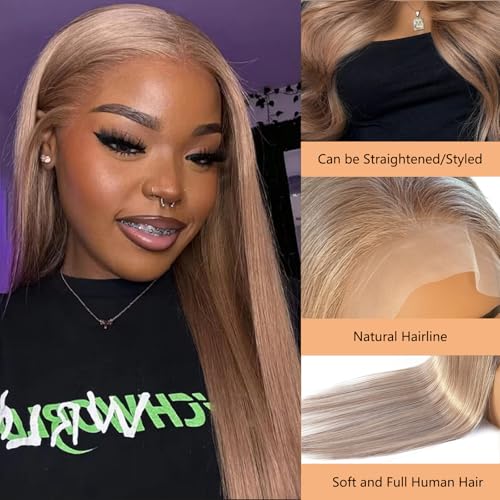 13x6#Ash Blonde Lace Front Wigs Human Hair Pre Plucked 180 Density HD Transparent Straight Lace Frontal Wigs Human Hair for Women,10A Glueless Wigs with Natural Hairline,Champagne Blonde
