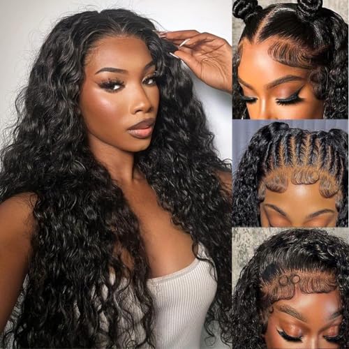 13x4 Deep Wave Lace Front Wigs Human Hair 200% Density Black Curly Human Hair Wig Long Natural Wigs for Black Women Transparent Lace Frontal Wig for Daily Wear 30 Inch