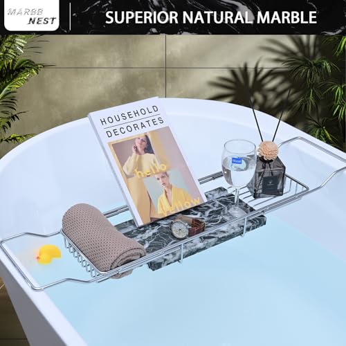 Bathtub Tray Caddy for Luxury Bath Expandable Extra Wide Bath Tub Tray with Natural Marble Tray and Mobile/Tablet Stand, Ideal for Home Spa Lovers(Chrome + Large Flower Green)