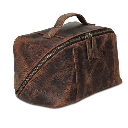 KomalC Luxury Leather Men¡¯s Toiletry Travel Bag ? Handmade Shaving Kit with Waterproof Interior, Spacious Storage & Carry Handle ? leather travel Kit Bag for Men & Women