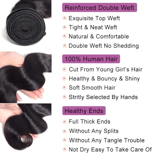 Human Hair Bundles Body Wave 22 24 26 28 Inch Brazilian 12A 100% Virgin Double Weft Quick Weave for Women, Black Color, 400g