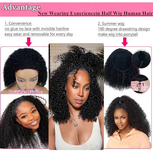 Kinky Curly Half Wig Human Hair Wear Go Glueless Wigs Human Hair 200 Density 3 In 1 Seamless Flip Over Half Wigs Beginner Friendly Kinky Curly Wig Human Hair Drawstring Headband Wig for Women 24 Inch
