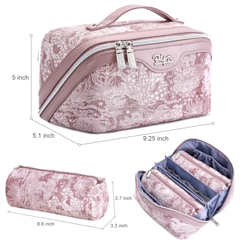 BOYATU Travel Makeup Bag for Women: Large Capacity Make up Bag with Compartments - Vegan Leather Cosmetic Bag set of 3 - Waterproof Toiletry Bag with Handle & Divider(E-1-Purple)