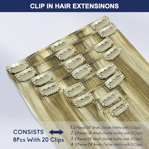 Blonde Clip in Hair Extensions, 26 Inch 130g, 8p613 Mixed Bleach Blonde, Invisible Seamless Straight Remy Blonde Hair Extensions Clip in 8pcs Per Set with Double Weft