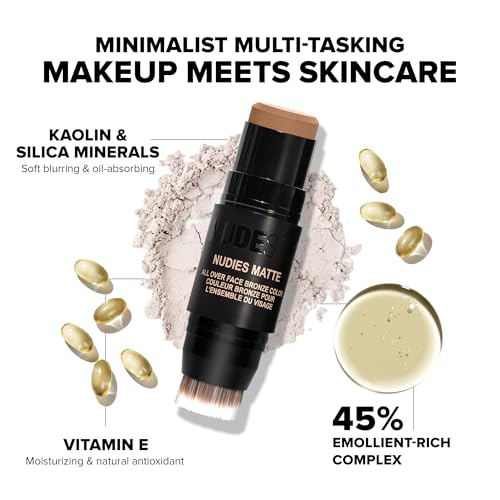 Nudestix Nudies Bronze All Over Matte Bronzing Stick ? 3-in-1 Cream Bronzer for Cheeks, Eyes & Lips with Built-In Brush | Natural Contour & Sun-Kissed Glow