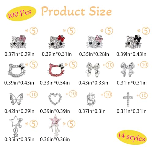 100 pcs 3D Sliver Nail Charms Y2K Cute Nail Charms Set with Kity, Butterfly, Bow, Star, Heart,Cross for Nail Art Decoration Y2K