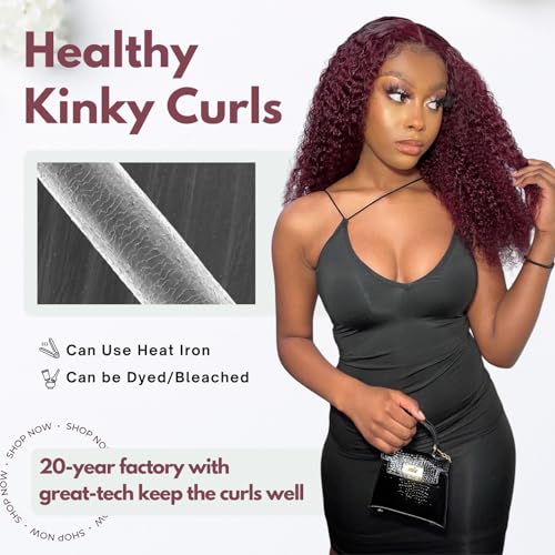 12A #99J Kinky Curly Human Hair Bundles, 100% Unprocessed Remy Human Hair Dark Burgundy Red Wine Colored Tight S-shaped Culry Thick and Soft Bundles Sew in Weave 12/14/16 Inch