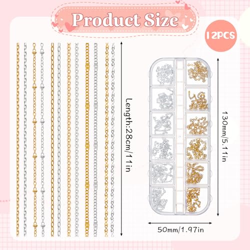 12 Strips Metal Nail Art Chains Gold & Silver Nails Decorations with Box Stainless Steel Nails Accessories Nail Jewelry Chains for Manicure Decoration & DIY£¨11 Inch£©