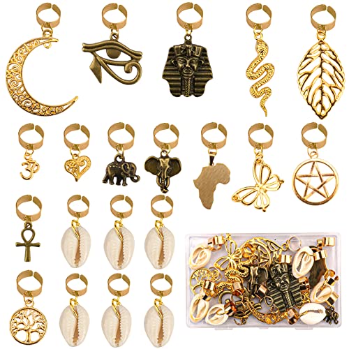 Messen 20 PCS Locs Braids Hair Cuffs 15 Styles Vintage African Pendant Charms Butterfly Shell DIY Hair Accessories (Bronze and Gold)