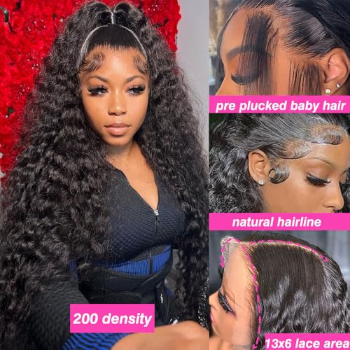 Washasha 24 Inch Water Wave Lace Front Wigs Human Hair 13x6 HD Lace Frontal Wig Human Hair Pre Plucked with Baby Hair 200 Density Deep Part Curly Wig for Women