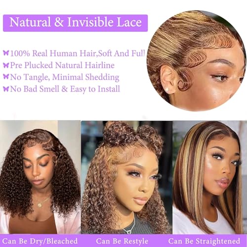 Highlight Bob Curly Wigs Human Hair 13x4 HD Lace Frontal Wig Ombre Bob Lace Front Wigs Human Hair Pre Plucked With Baby Hair 4/27 Ombre Bob Wigs Human Hair180% Density 12 Inch