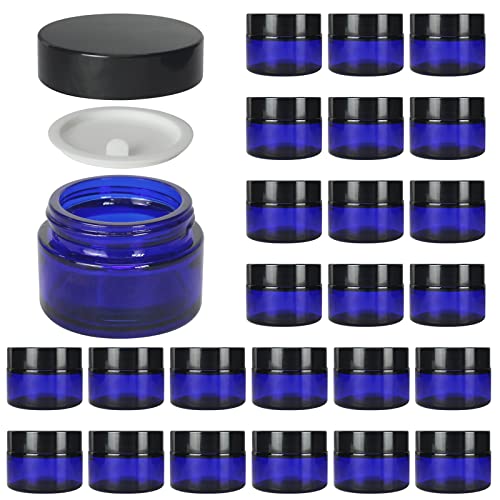 24 Pack 1 oz Round Blue Glass Cosmetic Jars with Inner Liners and Black Lids, Travel Glass Jars, Cosmetic Containers for Lip Balms, Powders, Makeup, Cream, Eyeshadow, Slime, Paint