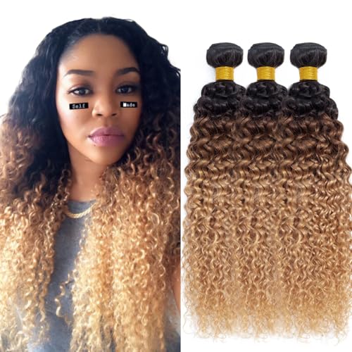 14 16 18 Inch T1B4/27 Ombre Blonde Bundles Human Hair Kinky Curly 3 Bundles 100 Grams/Bundle 10A Grade Unprocessed Brazilian Virgin Hairs Ombre Bundles Weaves Hair Extensions For Women