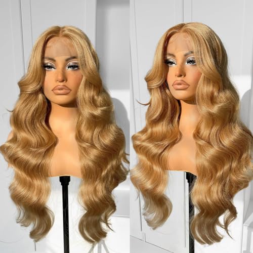 SOSATISFY 30 Inch Honey Blonde Lace Front Wig Human Hair 200% Density 13x4 Body Wave Wig Blonde Hd Lace Front Wig Pre Plucked With Baby Hair 27# Colored Wigs for Women