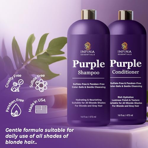 Purple Shampoo and Conditioner Set - Sulfate Free, Enriched with Coconut Oil & Aloe Vera, Ideal for Blonde, Gray, Brassy & Color Treated Hair, Nourishes & Hydrates - 16 fl oz each