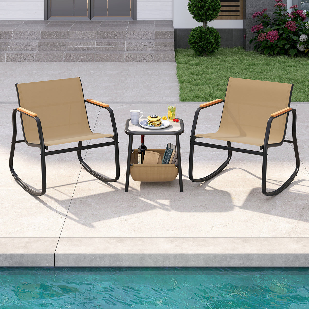 3 Piece Rocking Bistro Chairs and Side Table Set with Storage Bag