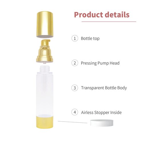 6Pcs 1.7oz/50ml Clear Airless Pump Bottles with Funnel and labels Sticker Travel Size Dispenser Refillable Cosmetic Containers For Foundations, Cream, Serums, Shampoo(Gold)