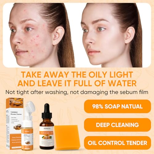 Turmeric Face Wash Set, Turmeric Facial Cleanser& Soap Bar & Oil for Face & Body Suit to All Skin Type, Protect Sensitive Skin Improve Skin Condition Soothing Irritation