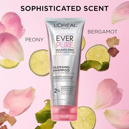L'Oreal Paris Glossing Sulfate Free Shampoo with Glycolic Acid, Hair Care for Lasting Shine and Smoothness for Dull, Dry Hair, EverPure, 6.8 Fl Oz