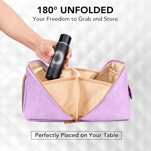 Travel Makeup Bag for Women, Large Capacity PU Leather Waterproof Checkered Cosmetic Bags, Portable Pouch Open Flat Toiletry Bag, Make up Organizer with Divider and Handle, Purple