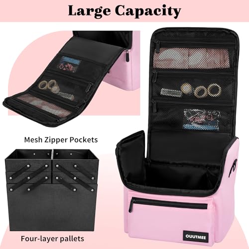 Makeup Travel Train Case, Black Makeup Carrying Organizer Bag, 4 Tier Professional Organizer Case with Straps Pockets for Make Up Tools