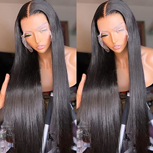 Straight Lace Front Wigs Human Hair Pre Plucked HD Transparent 13x4 Lace Frontal Wigs Human Hair with Baby Hair 180% Density Brazilian Virgin Human Hair Wigs for Black Woman Natural Color 22 Inch