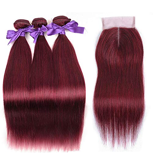 99J Burgundy Hair Bundles With Closure Human Hair, 10A Wine Red Straight Human Hair Bundles With 4x4 Lace Closure Brazilian Virgin Remy Hair Extensions (20 22 24+18)