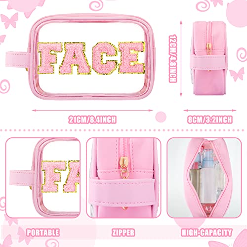 Sotiff 3 Pcs Preppy Patch Makeup Bag Cosmetic Bag Travel Toiletry Bag for Women Chenille Letters Patch Bag with Handle Waterproof Portable Preppy Purse Zipper Pouch for Girls (Colorful,PU)