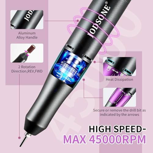 JODSONE Professional Nail Drill 45000 RPM Rechargeable Nail File for Nail Gel Removal Low Noise Portable for Home and Salon