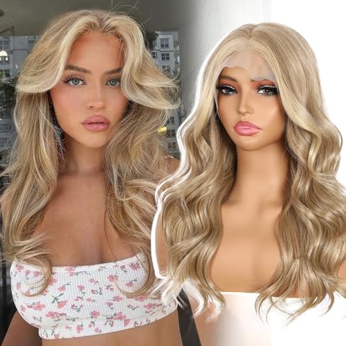 Blonde Lace Front Wig 13x4 Pre Plucked Synthetic Wig for Women Highlight Dirty Blonde Natural Looking Body Wave Cosplay Daily Party Use
