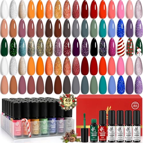 Lavender Violets 49 Pcs Gel Nail Polish Set, 45 Colors Gel Polish U V Nail Kit with Glitter Glossy Matte Base and Top Coat Set for Home Salon Manicure A906