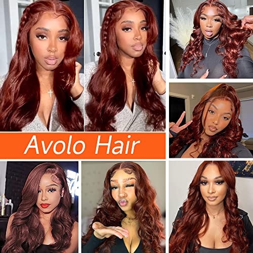 Avolo Reddish Brown Lace Front Wigs Human Hair Pre Plucked 13x4 HD Transparent Body Wave Auburn Colored Wig Glueless Frontal 32 Inch, 1.0 Count