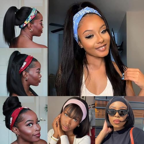 Headband Wig Human Hair 20 Inch Straight Headband Wigs 180% Density Glueless Wigs for Black Women Glueless No Lace Front Human Hair Natural Color Brazilian Virgin Hair